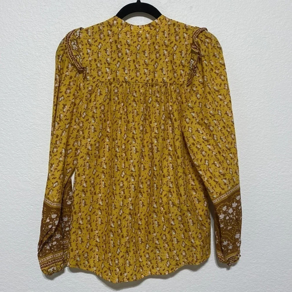 Joie NWT Yellow & Brown Floral 100% Cotton Ruffled Peasant Cottage Core Top S/P - Picture 4 of 7